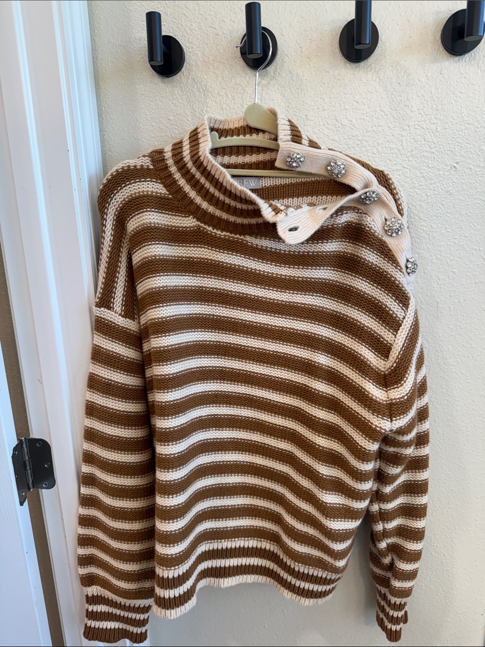 J. Crew Brown and Cream Striped Button-Shoulder Turtleneck Sweater